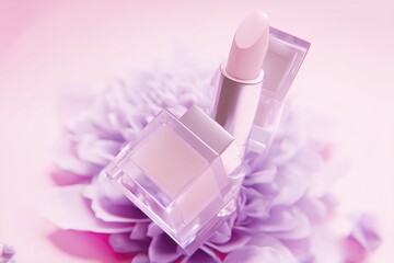 Pale pink lipstick and balm rest on a lavender flower