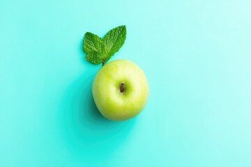 Green apple and mint leaves on a teal background
