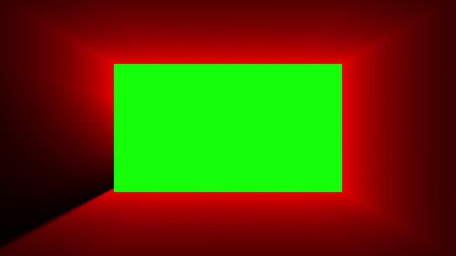 Green screen rectangle on red gradient spotlight background, digital chroma key frame with glowing light effect, empty presentation template for video overlay - Powered by Adobe