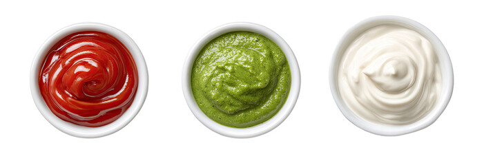 Three small white bowls filled with different sauces (1)