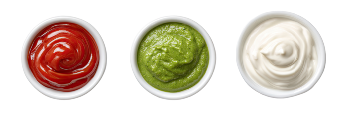 Three small white bowls filled with different sauces (1)