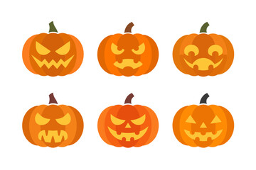 Autumn pumpkin face collection, funny and scary jack o lanterns, halloween harvest symbols, orange gourd decorations, vector seasonal graphics