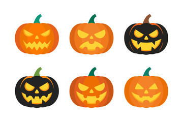 Spooky pumpkin vector pack, halloween jack o lantern faces, glowing carved gourds, scary and funny expressions, seasonal autumn decoration clipart