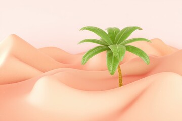 Minimalist render of a palm tree in soft, peach-colored sand dunes