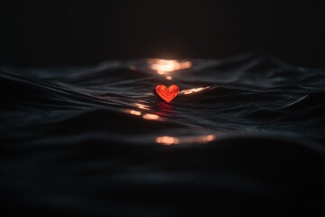 Glowing heart adrift on dark, wavy water