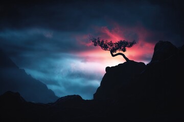 Solitary tree on a rock, silhouetted against a dramatic, colorful sunset sky over mountains
