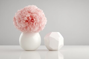 Pink flower in white vase, geometric form beside