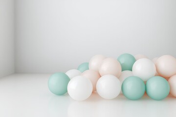 Pastel balloons clustered on a white floor in a white room