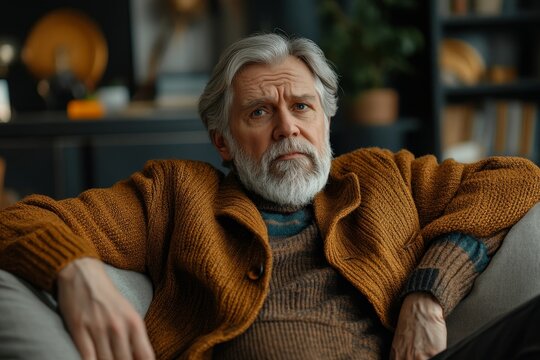 Upset senior gray-haired man talking on a video call with family and bank representatives, sitting on the sofa and solving financial problems or seeking assistance, Generative AI