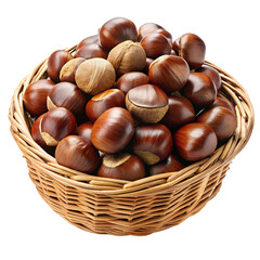 Obraz premium A woven basket overflowing with fresh, glossy chestnuts, isolated on a transparent background, showcasing their rich brown color and natural texture, perfect for autumn or healthy eating themes