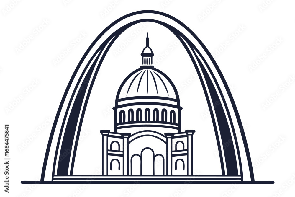 Poster gateway arch framing a domed building with columns and arches st louis monument