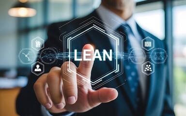 Business professional interacting with a holographic interface displaying the LEAN methodology concept for process improvement, efficiency, and quality control in modern industry