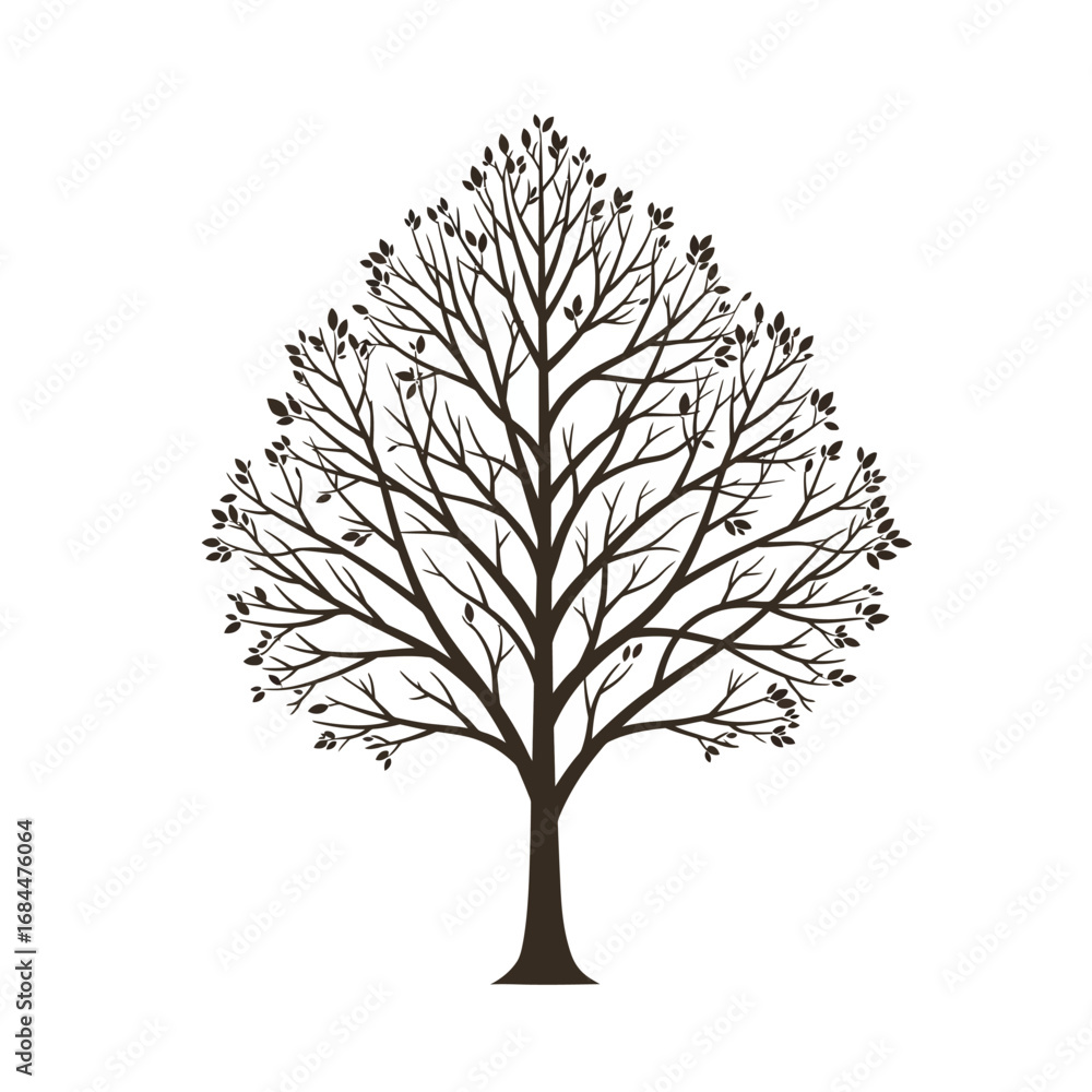 Poster Stylized Tree Silhouette with Bare Branches and Sparse Leaves on White Background
