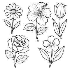 A black and white flower set illustration of a coloring page
