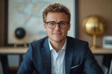 Naklejka premium Portrait of a young man businessman, entrepreneur sitting in a suit and glasses at the office desk, working on a laptop, smiling at the camera after completing tasks successfully, Generative AI