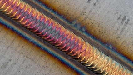 Close-up view of a weld bead exhibiting an array of bright colors on a metal surface. This detailed display highlights skilled craftsmanship during metalworking in a workshop