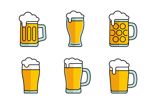 Frothy beer icon pack, cartoon stein mug pint glass, chilled beverage foamy head illustrations, party toast symbols, celebration vector collection set