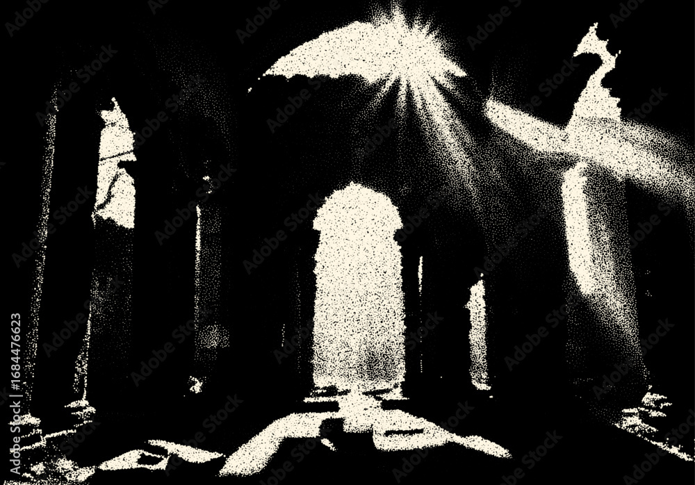 Poster ancient ruins in sci-fi scene with dotwork retro style. mysterious gate debris with dramatic lights 
