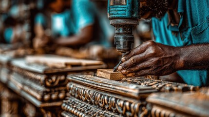 Close-up view of a woodworker using a power drill.