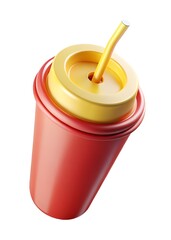 Bright red disposable cup with yellow lid and straw filled with yellow drink