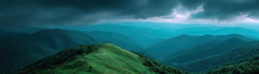 Fototapeta premium Amidst a tranquil and introspective ambiance concept. Expansive view of green hills under moody stormy skies.