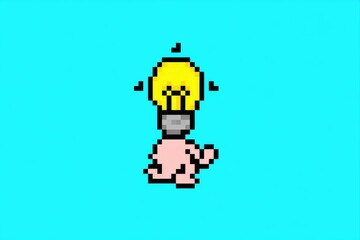 Pixel art of a pink creature with a lightbulb
