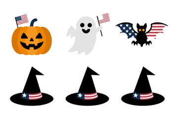 Witch hat and spooky bundle icons, patriotic ghost pumpkin bat silhouettes with flag details, Halloween festival decorative emblem set