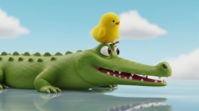 Cartoon crocodile with a chick on its head