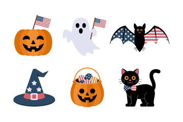Halloween trick treat icons pack, pumpkin ghost bat black cat witch hat bucket and flag accents, festive spooky party illustrations