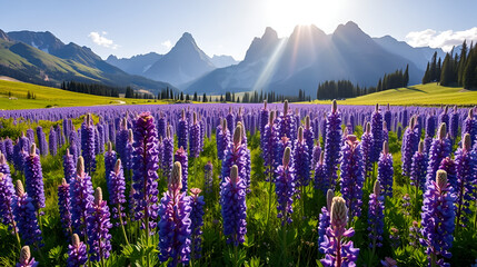 Sunlit field of blooming lupine in violet hues spreading expansively beneath towering crisp mountain peaks