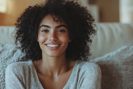 Happy young woman sitting on a sofa at home, smiling with joy as she looks at the result of a home pregnancy test, feeling elated by the positive outcome, Generative AI