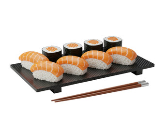 Isolated tray of salmon sushi with chopsticks, delicious Japanese cuisine delicacy food