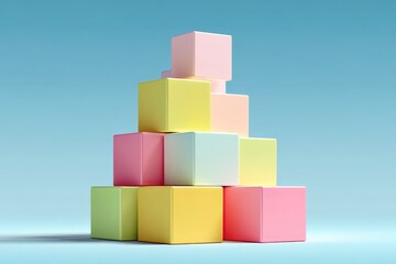 Obraz premium Pastel-colored cubes form a pyramid on a light blue background