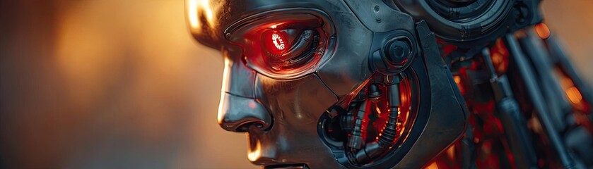 Side view of a humanoid head with colored eyes concept. Close-up of a futuristic robotic face with glowing features.