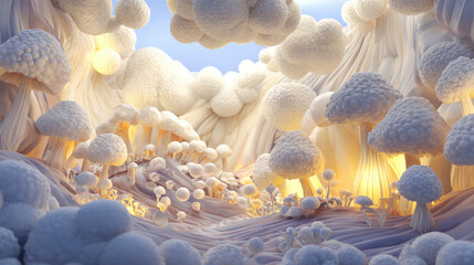 Fantasy dreamscape baby room with magical mushroom lights and floating clouds creating a whimsical world of comfort and imagination for newborns