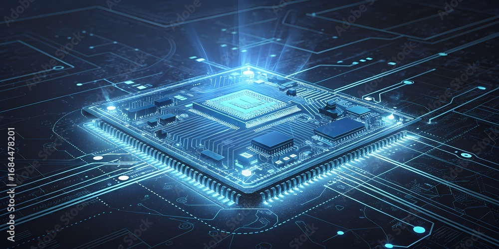 Fototapete 3d rendering of a futuristic microchip and circuit board.
