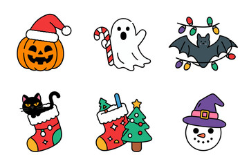 Holiday mashup festive ghosts and bats, seasonal costume icons with Santa hat stocking candy cane and light garland decorations
