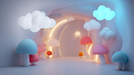 Fantasy dreamscape baby room with magical mushroom lights and floating clouds creating a whimsical world of comfort and imagination for newborns