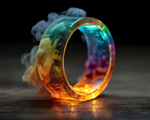 Colorful glowing ring with vibrant smoke clouds emitting neon light on dark surface, creating mystical and magical atmosphere