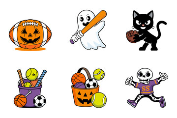 Spooky sports theme illustration set, pumpkin football ghost baseball skeleton basketball cat, festive Halloween icons with athletic elements vector graphics