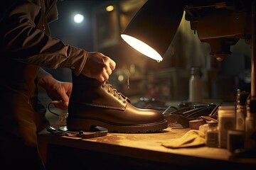 A shoemaker repairs a man's shoe in an equipped workshop. Close-up, calloused working hands of an elderly man.