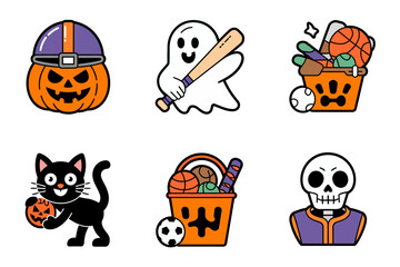 Halloween sports cartoon pack, pumpkin ghost cat skeleton ball basket, spooky seasonal illustration set with playful athletic themed holiday elements