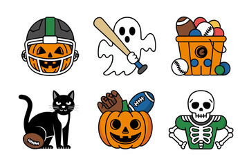 Festive sports Halloween mix icons, pumpkin ghost bat skeleton cat football helmet baseball, athletic cartoon illustration bundle with spooky holiday vibes
