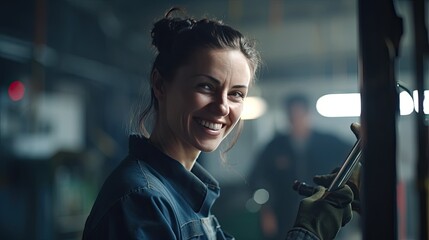 A woman mechanic specialist on the background of the workshop, garage. Smiling female master in the factory shop among machines and repair equipment.