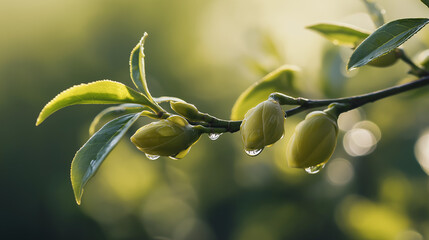 Close-up of fresh tea leaves with morning dew in soft natural light, botanical setting.