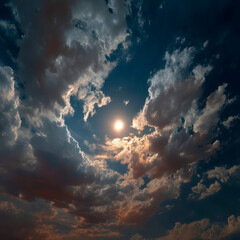 Bright full moon shining through scattered clouds in dramatic night sky, creating mystical and serene atmosphere with deep blue and warm orange tones