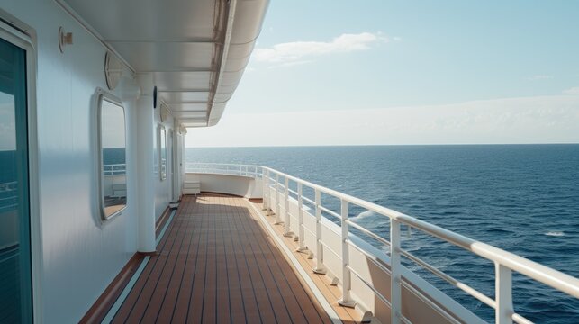 The deck of the passenger ship is brightly lit by the afternoon sun. Cruise ship balcony with ocean and sky views.