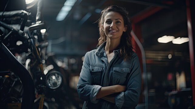 A woman mechanic specialist on the background of the workshop, garage. Smiling female master in the factory shop among machines and repair equipment. - Powered by Adobe