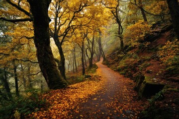 Autumn Pathway in Enchanted Forest with Golden Leaves and Misty Atmosphere