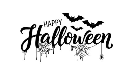 Happy halloween lettering with dripping effect, spider webs, and flying bats, isolated on a white background